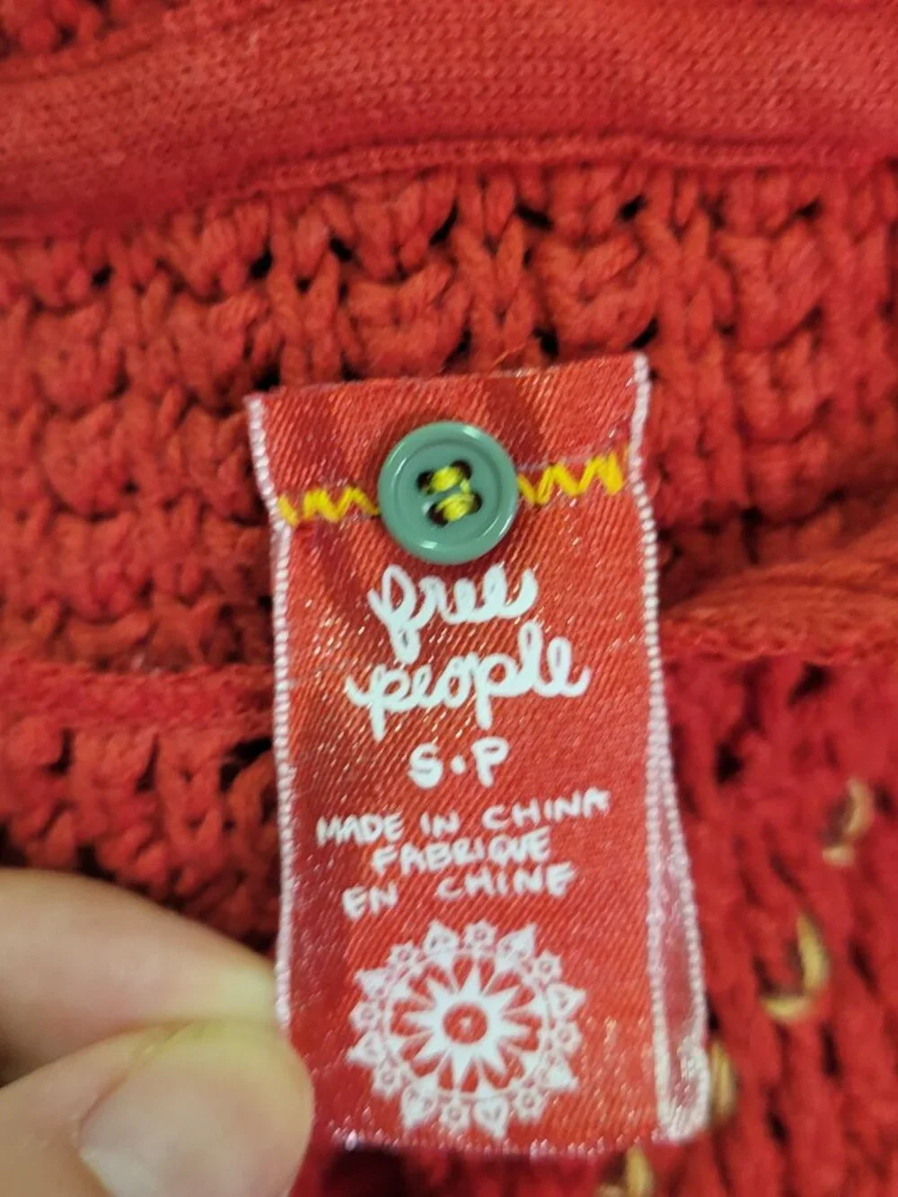 Free People Red Crochet Hood Hoodie Sweater Gold Metallic Snap Cuff Modal Size S